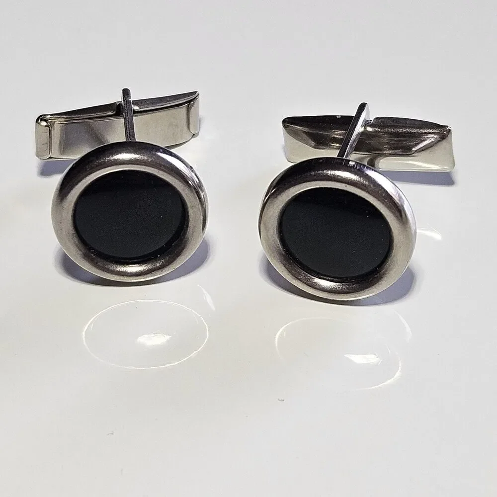 Vintage Silver Tone Circular Cufflinks With Black